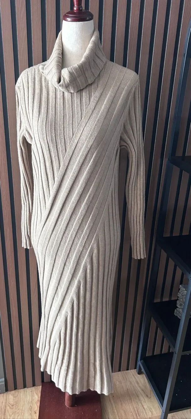 White House black market tan sweater dress Knitted Roll Neck Midi size XLP NEW
